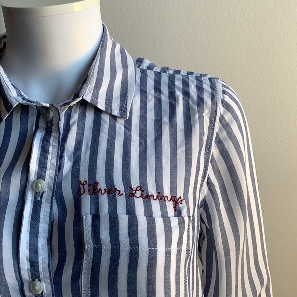 Embroidered American Eagle Silver Lining Striped Blue Shirt S .